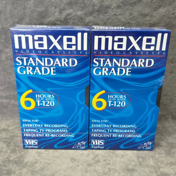 Maxell Video Cassette Standard Grade 6 Hours T-120 Blank VHS Tape 2 New Tapes - Picture 1 of 5